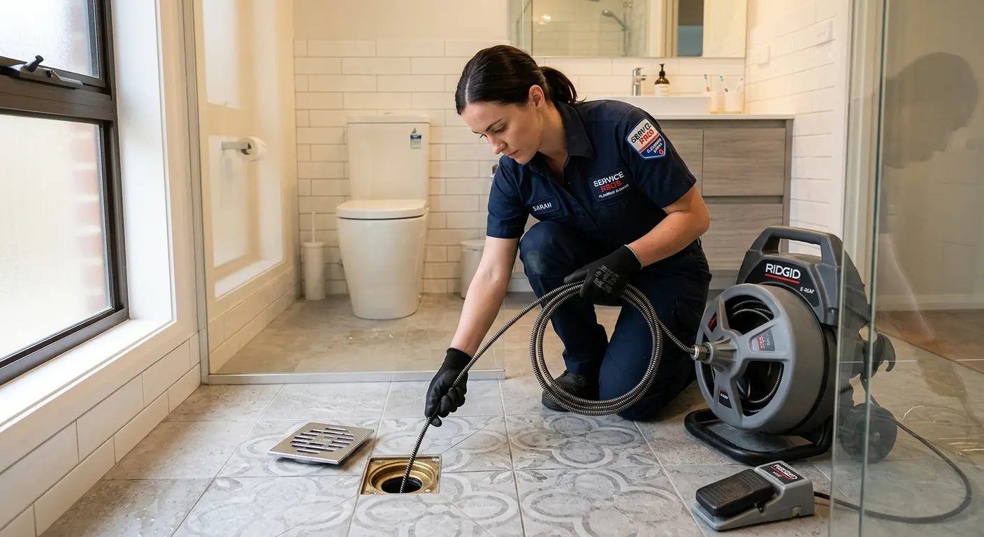 Technician clearing a bathroom floor drain for Sewer Line Replacement in Smithfield